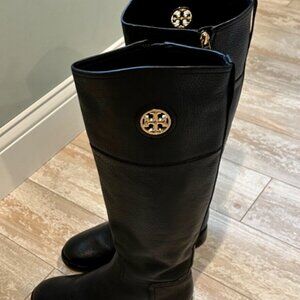 Tory Burch Black Leather Over-the-Knee Boots with Gold Emblem